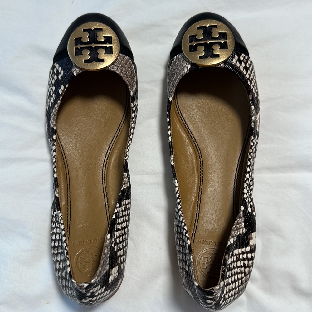 New Tory Burch Minnie Ballet Flats - Black & Snakeskin- Size 8 w TB Box